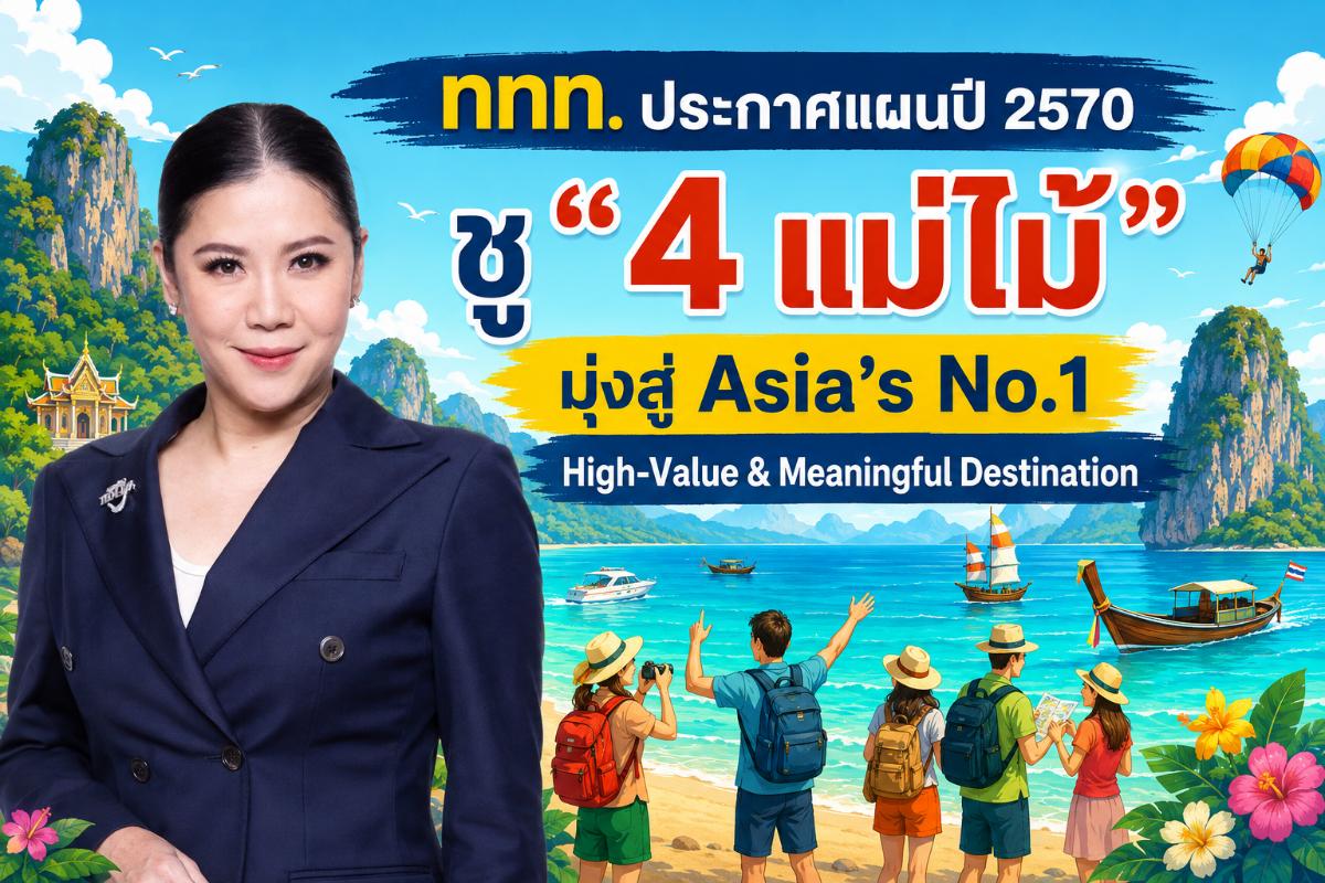 ททท. ประกาศแผนตลาดท่องเที่ยวปี 2570 ชู “4 แม่ไม้” พลิกเกมท่องเที่ยวไทย หวังฮุกเป้าหมายรายได้เพิ่มขึ้น 5% พร้อมผลักดันประเทศไทยมุ่งสู่ Asia’s No.1 High-Value & Meaningful Destination